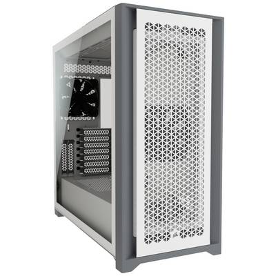 PC-Gehäuse mit offenem Glas-Seitenteil, zeigt Lüfter und Innenansicht. Weiß-graue Front mit geometrischem Muster.