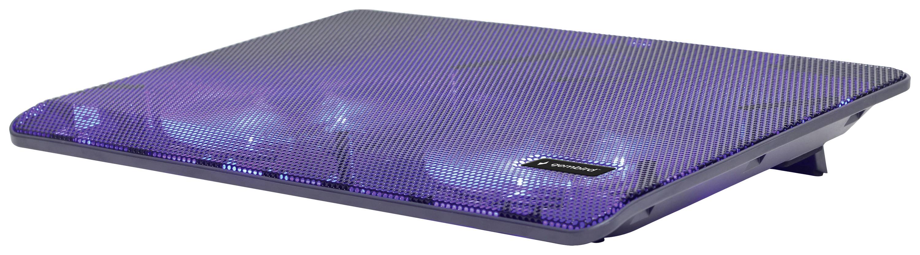 Ein Laptop-Kühler mit lila LED-Beleuchtung und zwei Ventilatoren auf einer geneigten Plattform zur besseren Belüftung.