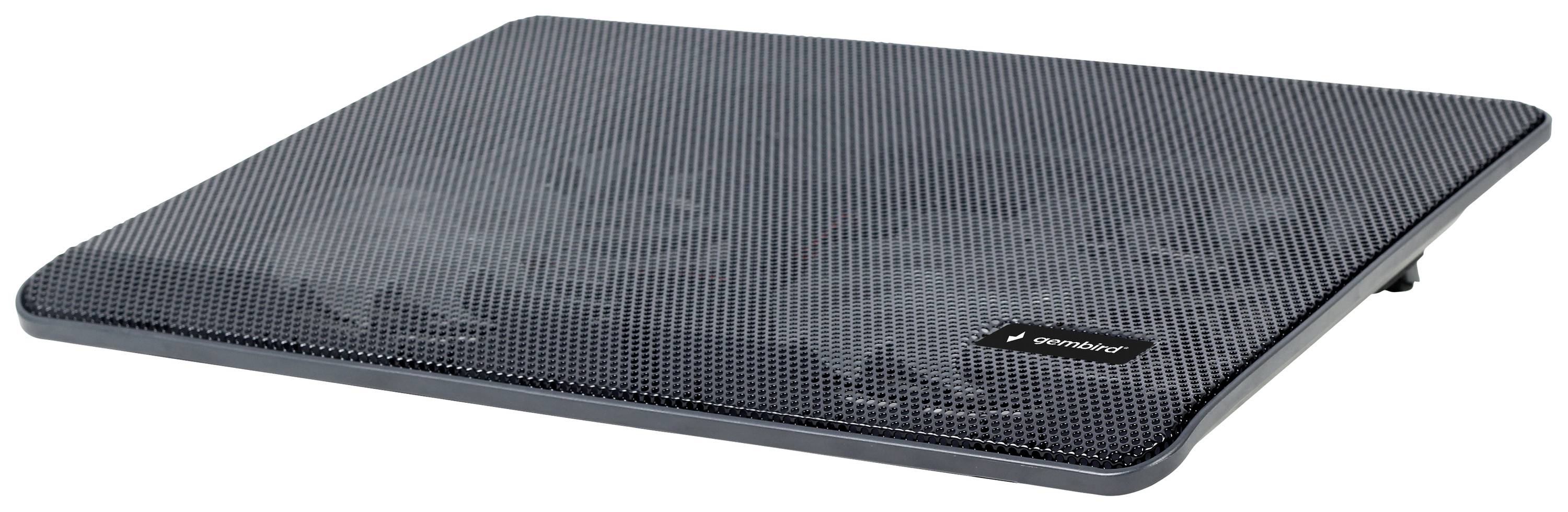 Ein schwarzer Laptop-Kühler mit Netzgitter und Palmenmotiv, dient zur besseren Belüftung des Laptops und liegt flach auf dem Tisch.