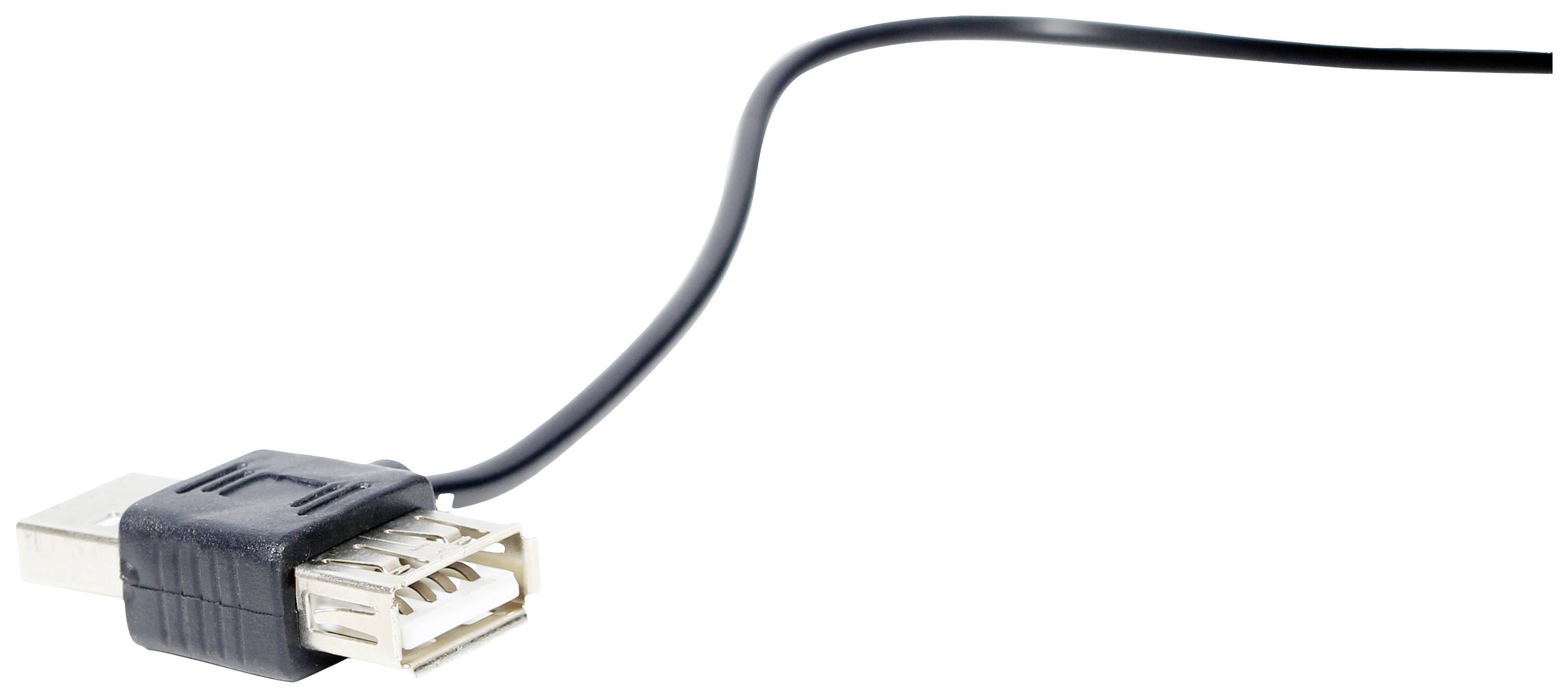 Ein schwarzes USB-Verlängerungskabel mit einem USB-Stecker und einer USB-Buchse, liegend auf einer weißen Oberfläche.