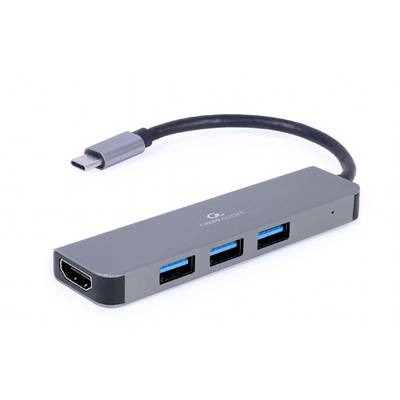 USB-C-Hub mit drei USB-Anschlüssen und einem HDMI-Anschluss, geeignet zum Verbinden mehrerer Geräte über eine einzige Schnittstelle.