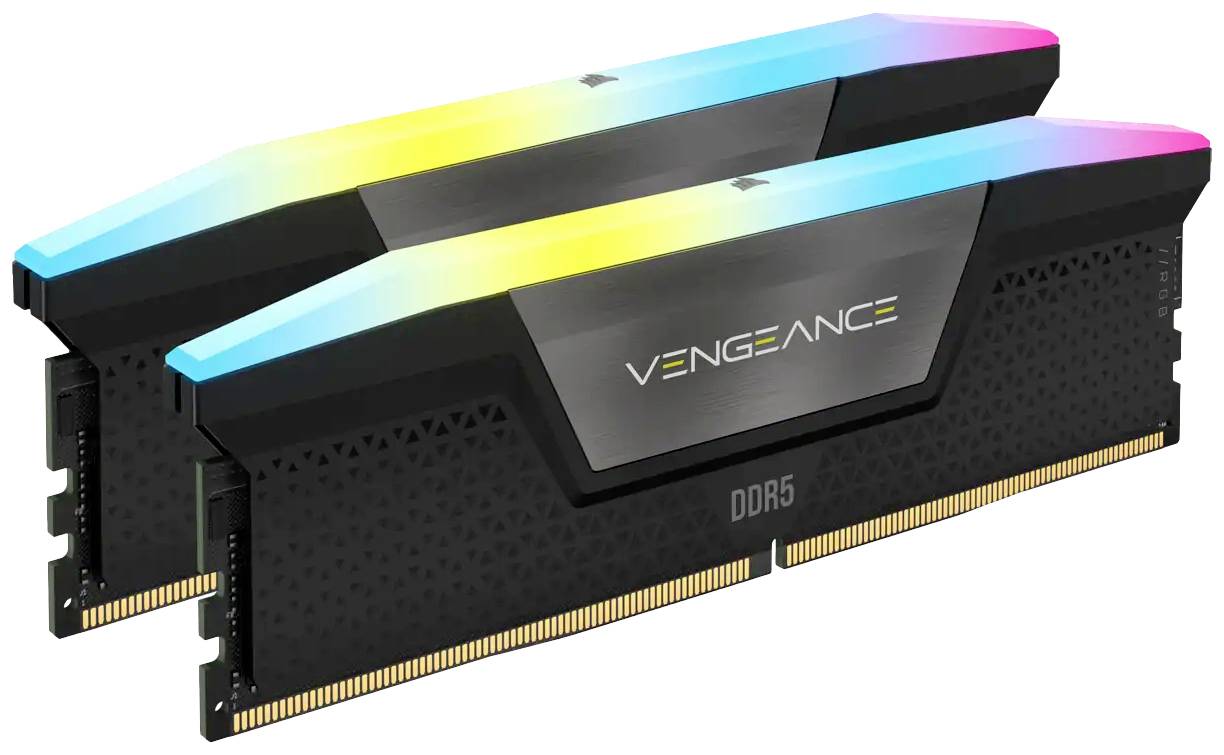 Zwei Corsair Vengeance DDR5 RAM-Module mit farbig leuchtenden Oberseiten sind abgebildet. Sie sind für Hochleistungscomputer geeignet.