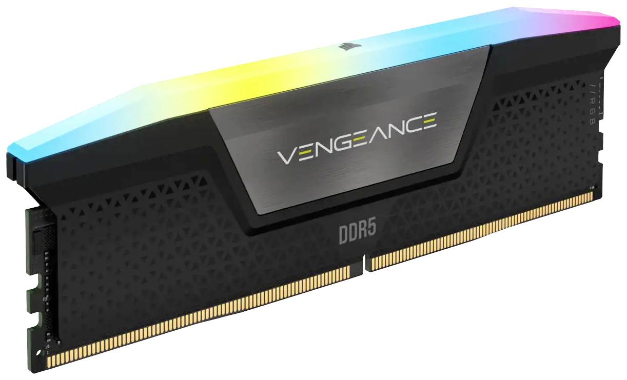 Ein schwarzer DDR5-RAM-Riegel mit RGB-Beleuchtung oben und dem Schriftzug 'Vengeance'.