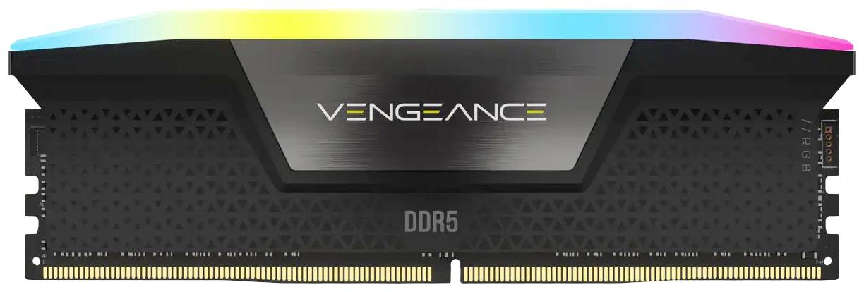 Schwarzer DDR5-RAM-Riegel mit RGB-Beleuchtung oben, Markenlogo 'Vengeance' in der Mitte hervorgehoben, geeignet für Computer.