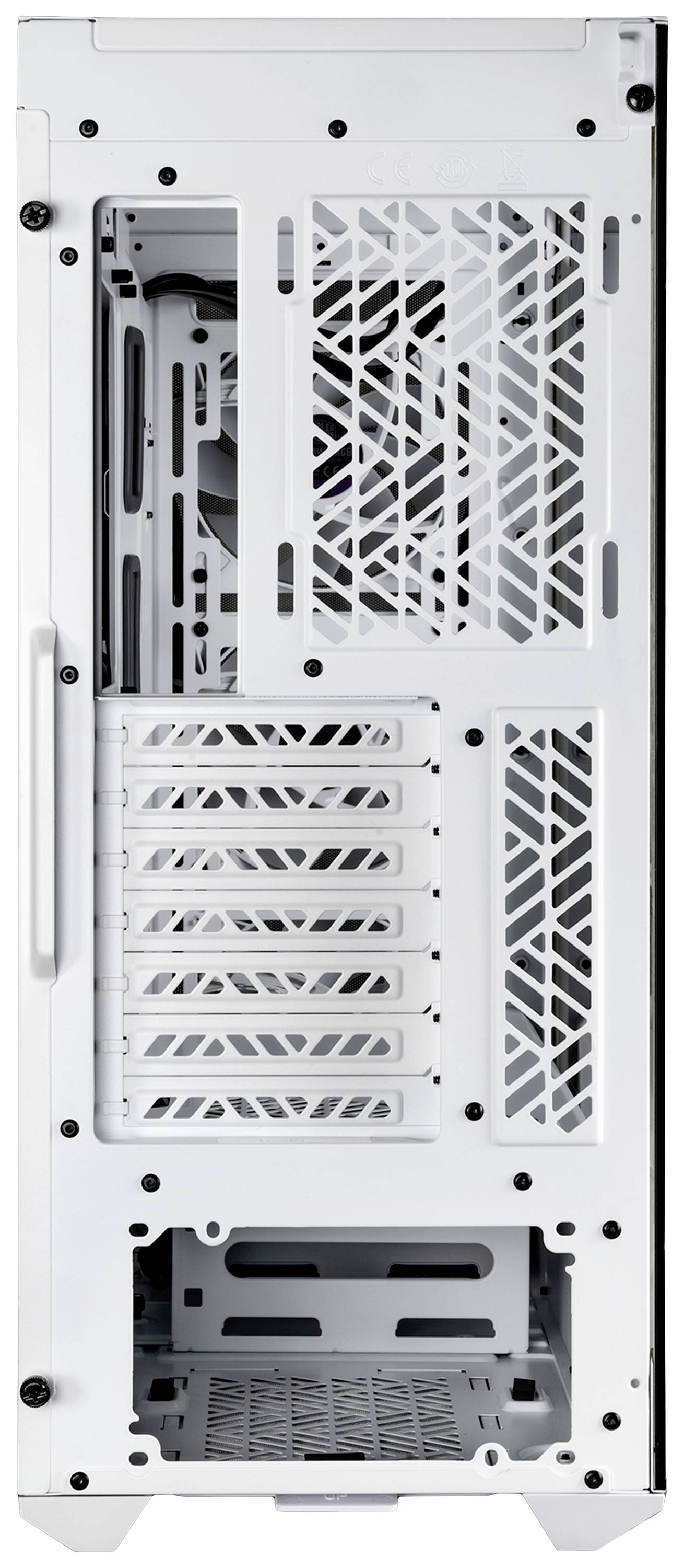 Weißes Computergehäuse von hinten, mit mehreren Lüfteröffnungen und Steckplätzen für Erweiterungskarten.
