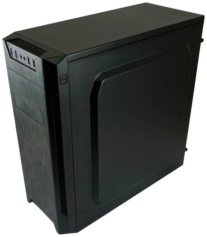 Ein schwarzes Computergehäuse mit USB-Anschlüssen und Lüftungsschlitzen an der Vorderseite. Ideal für die Aufnahme von PC-Komponenten.