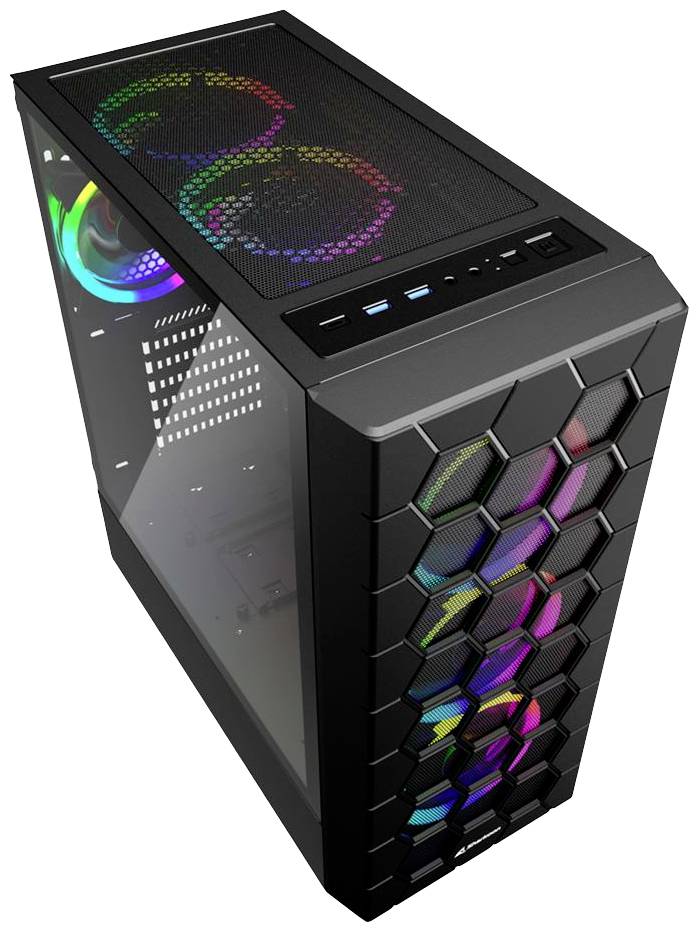Schwarzes Computergehäuse mit seitlichem Glasfenster und bunter RGB-Beleuchtung an der Vorderseite und oben.
