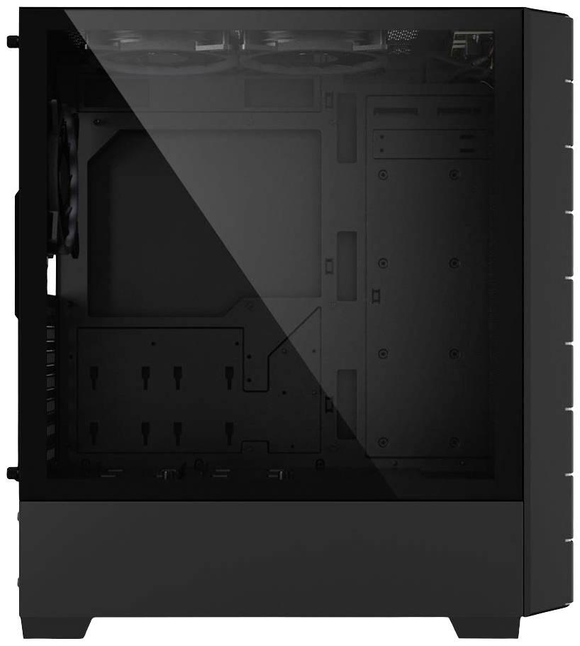 Ein schwarzes Computergehäuse mit transparentem Seitenteil, das den leeren Innenraum zeigt, geeignet für Desktop-PC-Bau.