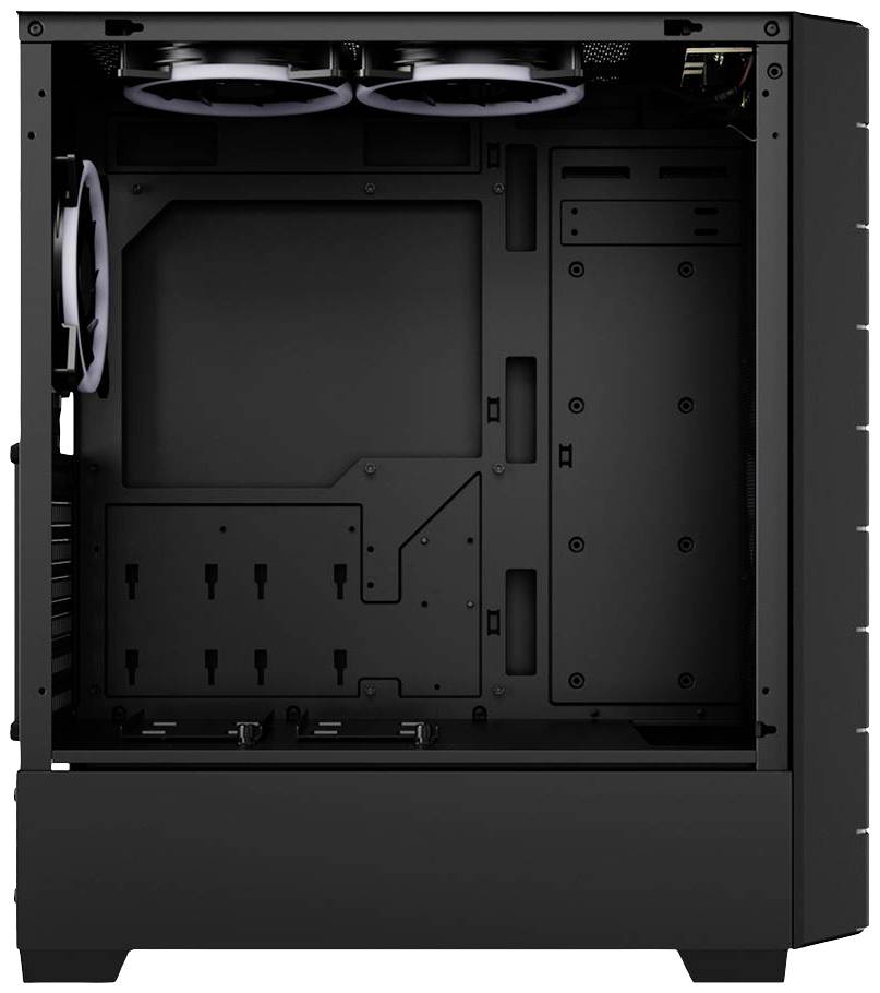 Ein leerer PC-Gehäuseinnenraum, schwarz, mit zwei installierten Lüftern oben und Platz für weitere Komponenten und Kabelmanagement.