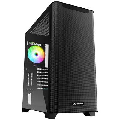 Schwarzes PC-Gehäuse mit seitlichem Glasfenster. Innen leuchtender Lüfter mit RGB-Beleuchtung sichtbar. Markenlogo 'Sharkoon' unten.