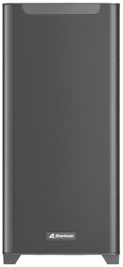 Ein schwarzes Computergehäuse mit Netzfront und kleinem Markenlogo unten in der Mitte.