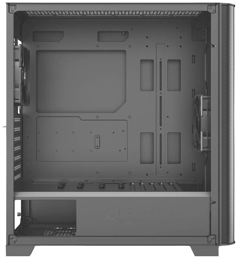 Ein schwarzes Computergehäuse mit offenen Seiten zeigt Platz für Hardwarekomponenten wie Mainboard, Lüfter und Festplatten.