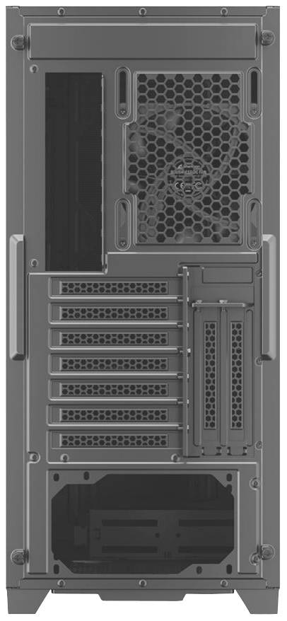 Computerturmrückseite mit Lüftungsschlitzen, Erweiterungsslots und Platz für Netzteil; zeigt Belüftungs- und Erweiterungsmöglichkeiten.