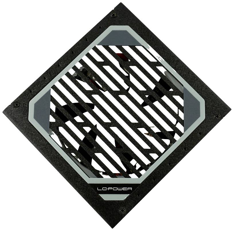 'LC Power'-Netzteillüfter mit quadratischem Design und diagonalen Lüftungsschlitzen.