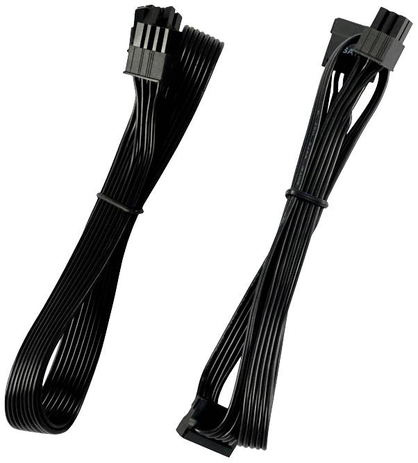 Zwei schwarze, lange Kabel mit Anschlüssen an jedem Ende; eins mit einem 8-poligen Stecker, das andere mit 6+2-poligen und SATA-Steckern.