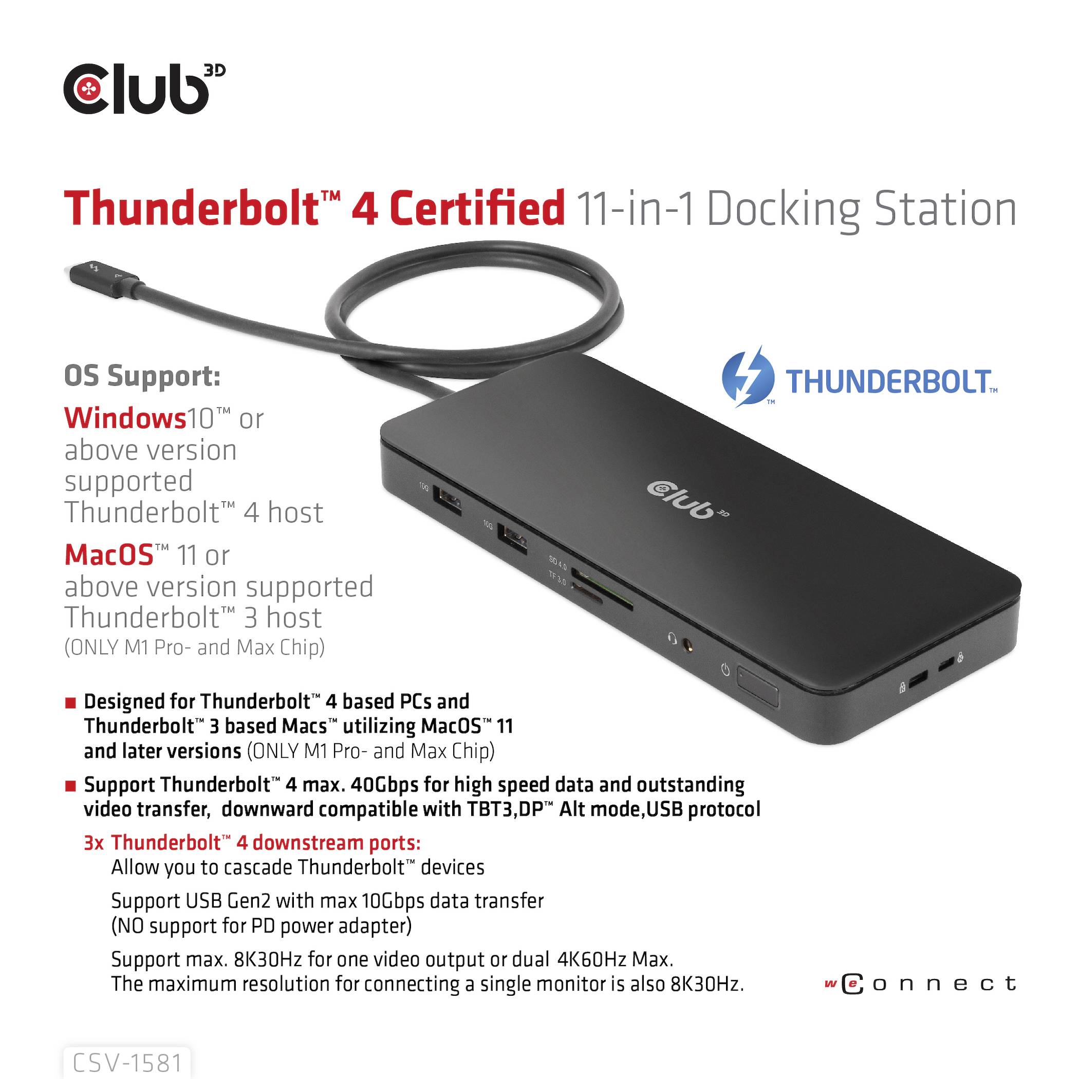 'Thunderbolt™ 4 Certified 11-in-1 Docking Station' abgebildet mit Anschlüssen für drei Monitore. Unterstützt Windows, Thunderbolt™ 4, macOS. Kompatibel mit Thunderbolt™ 3, DP Alt Mode, USB Gen1/Gen2.