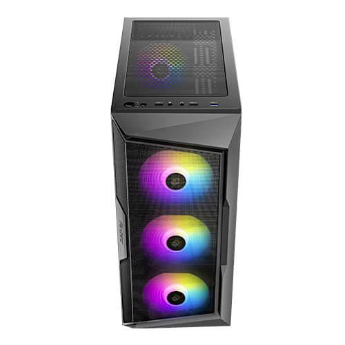 Ein Gaming-PC-Gehäuse mit drei sichtbaren Lüftern mit Regenbogen-LEDs an der Vorderseite und einem Lüfter oben.