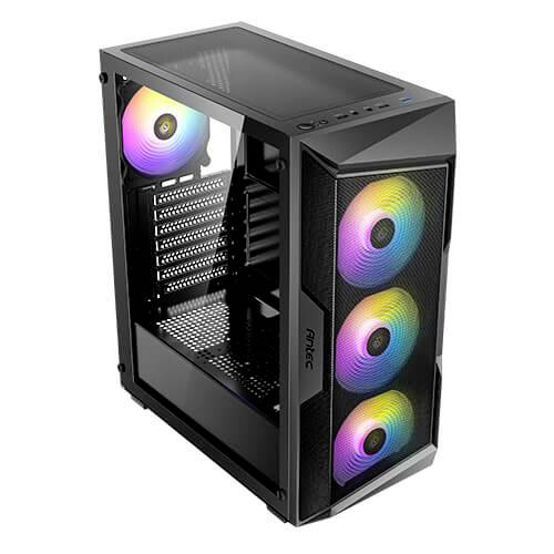 Schwarzes Computergehäuse mit mehreren leuchtend bunten Lüftern. Vorder- und Rückseite sind teilweise transparent. Ideal für Gaming-Setups.