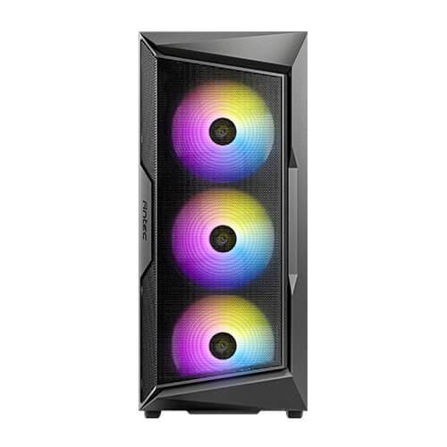 Ein Computergehäuse mit drei eingebauten, rotierenden Lüftern, die in leuchtenden RGB-Farben leuchten.