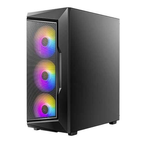 Schwarzes PC-Gehäuse mit drei beleuchteten Lüftern in der Vorderseite, die in wechselnden Farben leuchten.