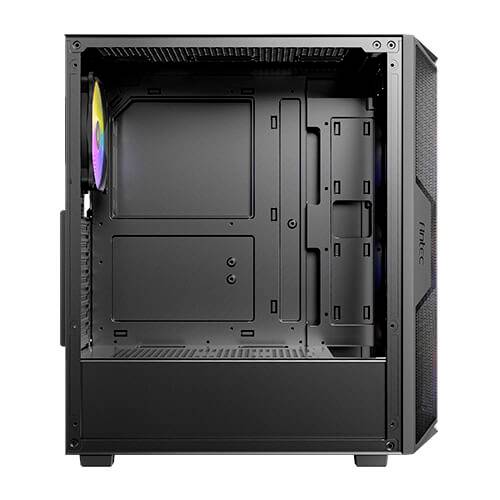 Ein offenes Computergehäuse mit einem installierten RGB-Lüfter hinten. Das Gehäuse ist schwarz und bietet Platz für zusätzliche Komponenten.