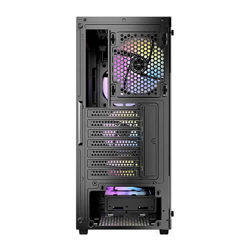 Rückseite eines Computergehäuses mit beleuchtetem Lüfter und mehreren Steckplätzen für Erweiterungskarten.