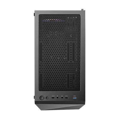 Computergehäuse in einer vertikalen Ansicht, mit schwarzem Gitter oben und mehreren Anschlussmöglichkeiten vorne.