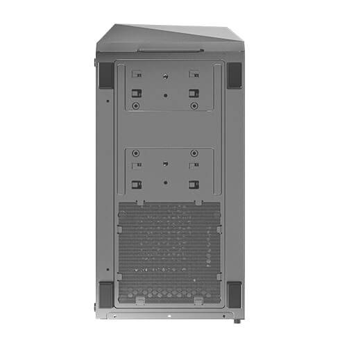 Der Rückseite eines Computergehäuses mit zwei Lüfteröffnungen und Schraubhalterungen. Oben abgeschrägt, ohne Kabel oder Anschlüsse sichtbar.