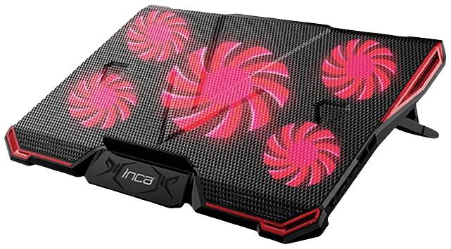 Laptop-Kühler mit fünf rot leuchtenden Ventilatoren und erhöhtem Standfuß. Entwurf für bessere Wärmeableitung.