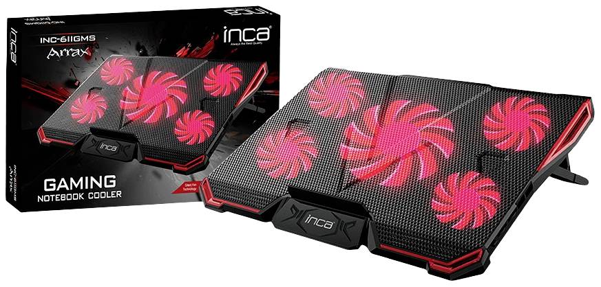 Ein Gaming-Notebook-Kühler mit fünf rot-leuchtenden Lüftern, dargestellt neben seiner Verpackung. Entworfen für optimale Kühlung.
