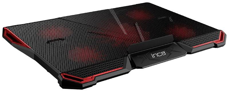 Schwarzes Laptop-Kühlpad mit roter Beleuchtung und Lüftern, markiert mit 'inca'.