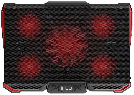 Ein Laptop-Kühler mit fünf rot leuchtenden Lüftern. Schwarze Gitterabdeckung mit einem mittleren größeren Lüfter, umgeben von vier kleineren.
