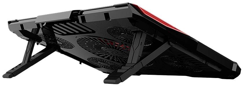 'Laptop-Kühler mit fünf Lüftern in Schrägansicht, unterstützt durch klappbare Beine für verstellbare Höhe. Hauptzweck: Kühlung.'