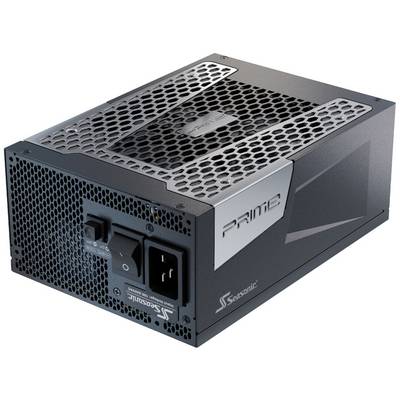 Schwarzes Netzteil der Marke Seasonic mit Lüftungsgitter und Power-Schalter. Modellbezeichnung 'PRIME'. Geeignet für Computer.