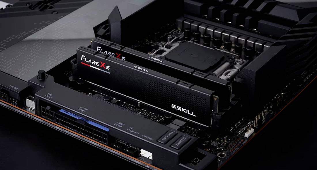 'Nahaufnahme eines Mainboards mit zwei installierten RAM-Riegeln der Marke G.SKILL.'