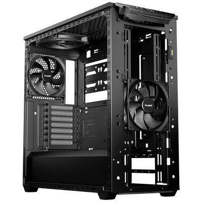 Offenes schwarzes PC-Gehäuse mit sichtbaren Ventilatoren und Rahmen für Hardwarekomponenten, geeignet für benutzerdefinierte Computeraufbauten.