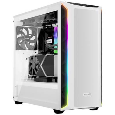 Ein weißer Desktop-Computer mit RGB-Beleuchtung an der Vorderseite. Sichtbare Lüfter und Grafikkarte im Inneren des Gehäuses.