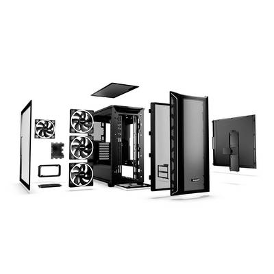 Zerlegt dargestelltes Computergehäuse mit separaten Komponenten wie Lüftern, Seitenwänden und Rahmen, zeigt Aufbau und Design.