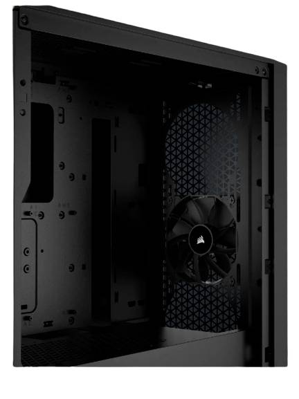 Ein schwarzes PC-Gehäuse mit geöffnetem Seitenteil zeigt innen einen Ventilator und Platz für Computerkomponenten.