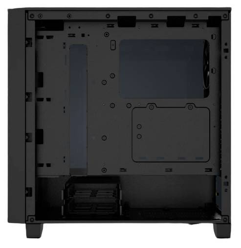 Schwarzes Computergehäuse mit offenem Seitenteil, zeigt leeres Innenraumdesign für Hardware-Installation.