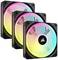 Drei PC-Gehäuselüfter mit RGB-Beleuchtung, gelb und blau leuchtend, in einer Reihe angeordnet.