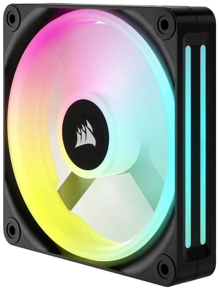 Ein RGB-PC-Lüfter mit beleuchteten, farbwechselnden LED-Ringen in einem schwarzen Gehäuse.