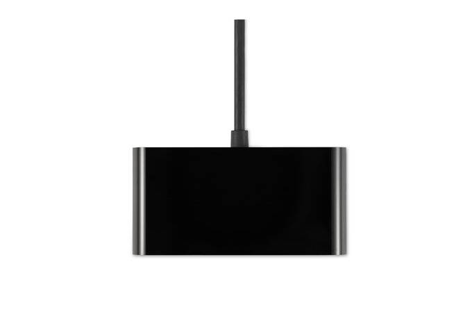 Ein rechteckiges, schwarzes Gerät mit Kabel, möglicherweise ein elektronisches Ladegerät oder Adapter, vor weißem Hintergrund.