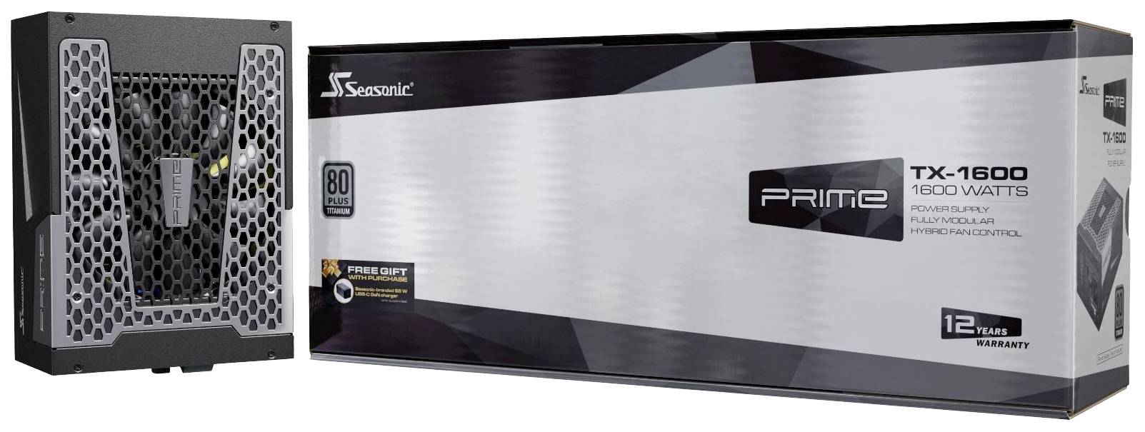 'Seasonic Prime TX-1600' Netzteil, 1600 Watt, Grau, 80 Plus Titanium Zertifizierung, Verpackung und Produkt nebeneinander.