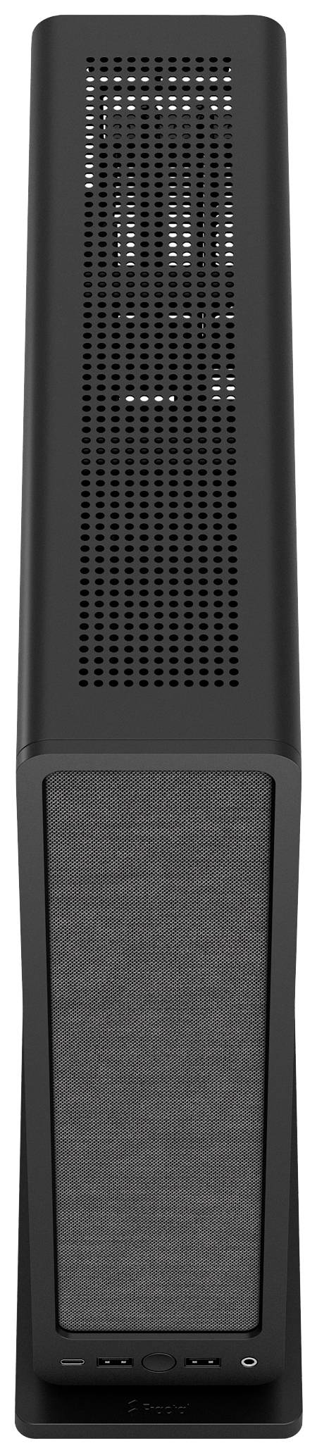 Ein mattes schwarzes Computergehäuse mit leicht gewölbter Oberfläche und Belüftungsgitter auf der Oberseite. Unten sind Anschlüsse sichtbar.