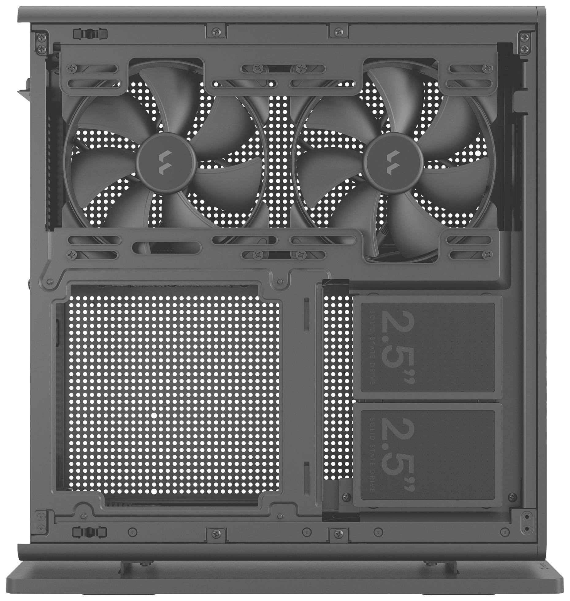 Schwarzes Computergehäuse mit zwei großen eingebauten Lüftern oben und zwei 2,5-Zoll-Festplatteneinschübe unten.