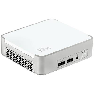 Ein kompakter, silberner Computer mit USB-Anschlüssen auf der Vorderseite, bekannt als 'Intel NUC', auf weißem Hintergrund.