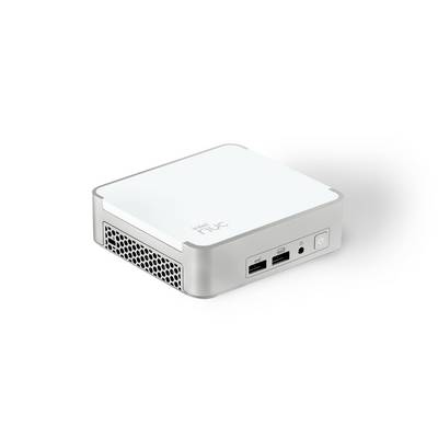 Kompakter, weißer Mini-PC mit belüfteten Seiten, zwei USB-Anschlüssen, einem Ein-/Ausschalter und Audioanschluss auf der Vorderseite.