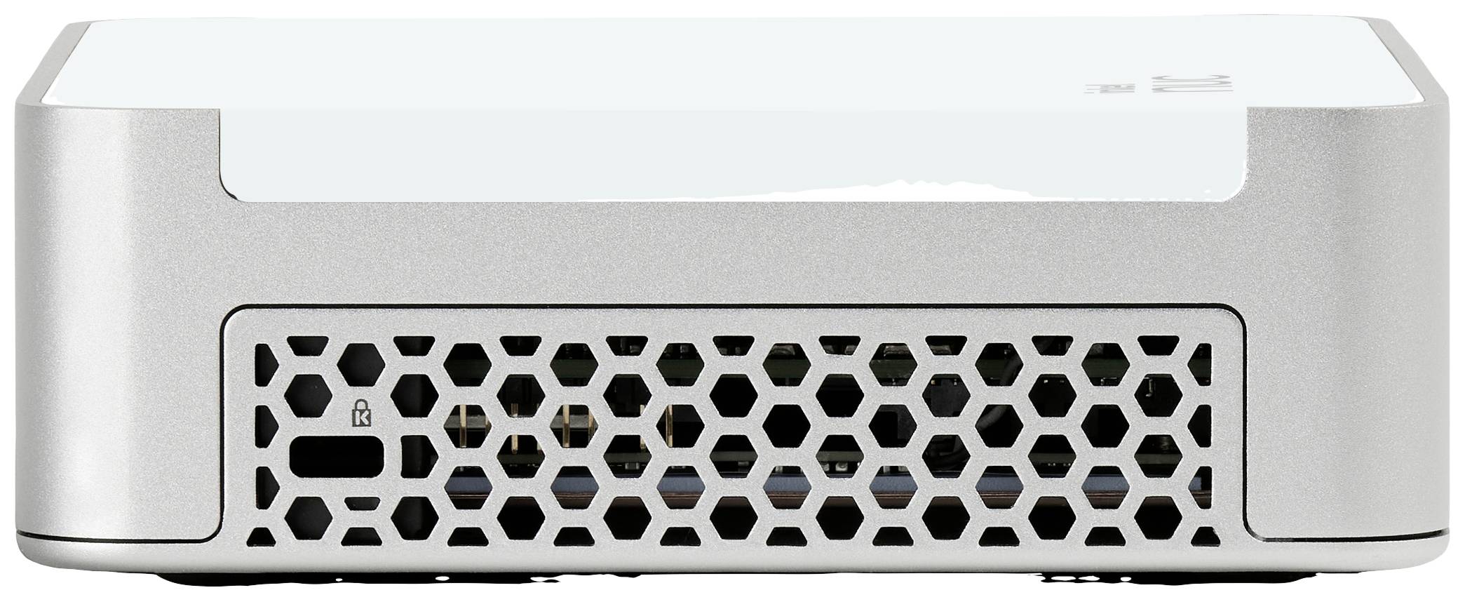 Silbernes Elektronikgerät mit sechseckigen Lüftungsschlitzen in der Frontansicht, möglicherweise ein Mini-PC oder Projektor.