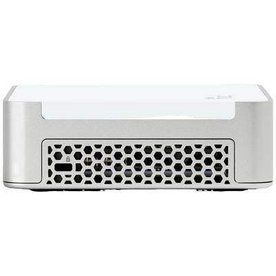Silbernes Elektronikgerät mit sechseckigen Lüftungsschlitzen in der Frontansicht, möglicherweise ein Mini-PC oder Projektor.